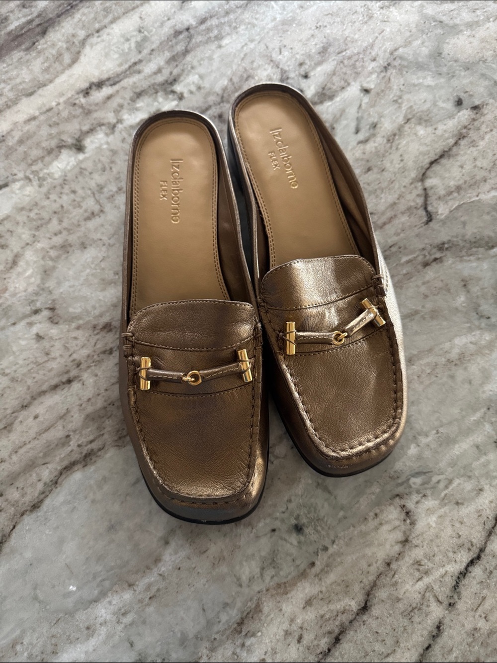 Liz Claiborne Metallic Brown Gold-Accent Leather Mules